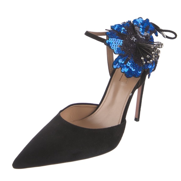‼️Price Firm‼️ AQUAZZURA DISCO FLOWER 105 SUEDE PUMPS IN BLACK BLUE SIZE 41 - Picture 7 of 13